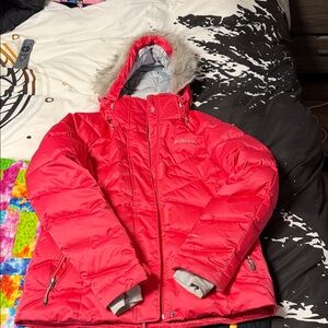Columbia Bright Coral-Red Insulated Jacket with Faux Fur Hood